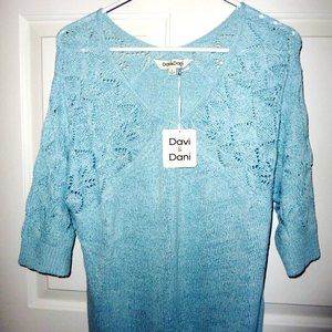 NWT Davi & Dani Robin Egg Blue Lightweight Crochet Accent Oversize Sweater Small